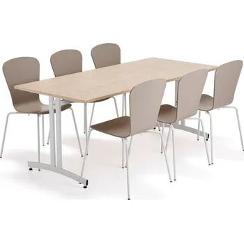 Jídelní set Sestava nábytku SANNA + MILLA, 1 stůl, 6 židlí, bílá/jílově šedá