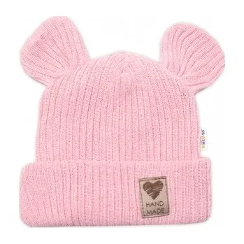 Pletená bavlněná čepice s oušky, dvouvrstvá, Hand Made Baby Nellys, růžová; 56/62 (0-3m)