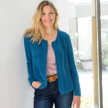 Dámský svetr Jednobarevný svetr na knoflíky, z úpletu s vlasem petrolejová 46/48