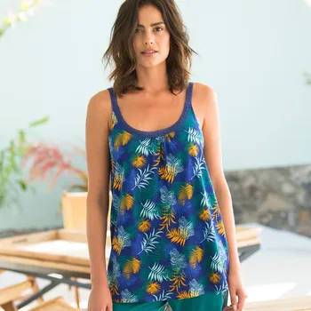 Dámské pyžamo Pyžamový top z bavlny a macramé, s potiskem tropického vzoru modrá/šafránová 46/48