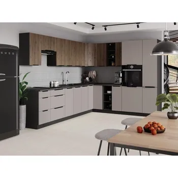 Kuchyňská linka Kuchyňská linka Monza / Arona černá matná / ořech okapi / kašmír, Rohová sestava B, 310 x 250 cm