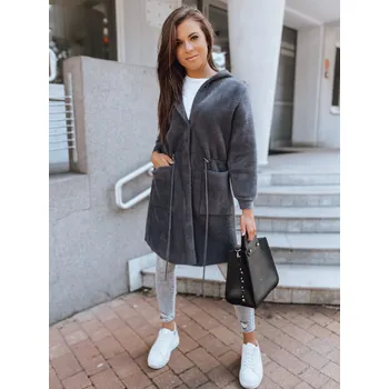 Dámský svetr Tmavě šedý chlupatý kardigan s kapucí melby NY0479 Velikost: M