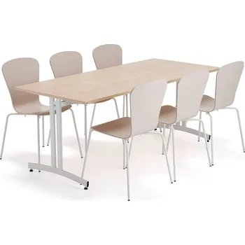 Jídelní set Sestava nábytku SANNA + MILLA, 1 stůl, 6 židlí, bílá/písková