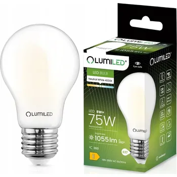 Žárovka LED žárovka E27 A60 8W = 75W 1055lm 4000K Neutrální 360° FILAMENT LUMILED
