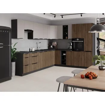 Kuchyňská linka Kuchyňská linka Arona / Monza černá matná / kašmír / ořech okapi, Rohová sestava B, 310 x 250 cm