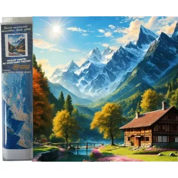 Diamantové malování Diamantový obrázek Domek v horách 30 x 40 cm