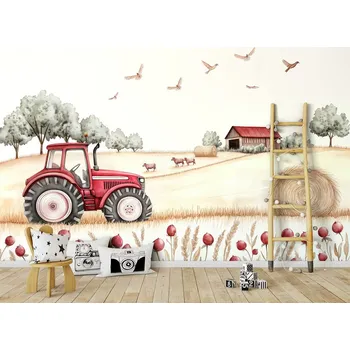 Tapeta Tapeta na zeď traktor na farmě (červená verze)