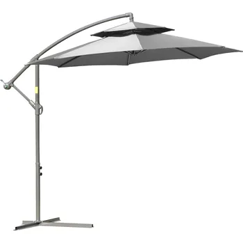Slunečník Outsunny slunečník konzolový slunečník Ø2,67 x 2,45 m klička slunečník s dvojitou stříškou křížová základna ocel venkovní ochrana proti slunci polyester ocel světle šedá | Aosom