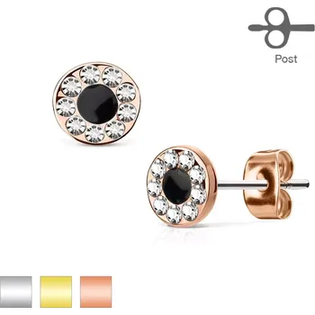 Náušnice Puzetové náušnice z oceli 316L, kruh s černým středem a zirkonovou obrubou - Barva: Stříbrná