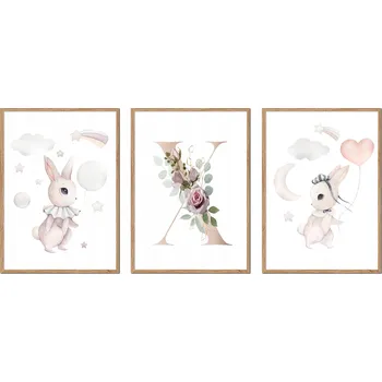 Obraz SADA 3 OBRAZŮ V RÁMU dětské králíčci zajíčci PÍSMENO X P2648_33x43