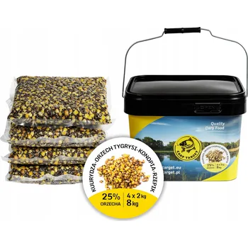 Návnadová surovina Hotové partikly Carp Target Tigří ořech Konopí 8 kg (4x2kg) + Kbelík 10L