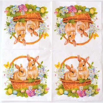 Ubrousek na decoupage - Velikonoce - Králíčci v košíku