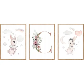 Obraz SADA 3 OBRAZŮ V RÁMU dětské králíčci zajíčci PÍSMENO C P2628_33x43