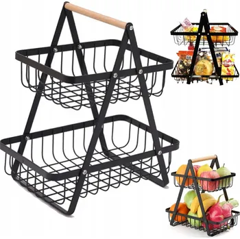 Úložný box VELKÝ KOŠÍK NA OVOCE A ZELENINU, 2X POLICE, PATROVÝ STOJAN, KOVOVÝ KOŠ, ČERNÝ