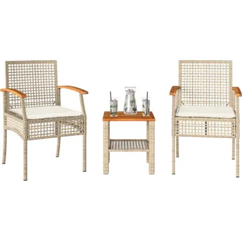 Zahradní sestava vidaXL 3dílný bistro set s poduškami polyratan akáciové dřevo [366260] Barva: Béžová