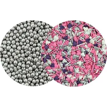 Jedlá dekorace na dort Dortisimo 4Cake Cukrovo-rýžové perly stříbrné 5 mm a cukrové zdobení Tender Heart (100 g)