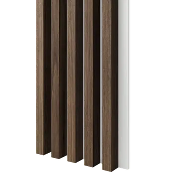 Obklad Lamele 3D Dřevěné lamely ŠIROKÉ na BÍLÉ desce (MDF), KLASICKÝ OŘECH, 46 x 300 x 2750 mm (0,825 m2)