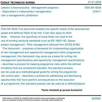 ČSN EN 9239 - Letectví a kosmonautika - Management programu - Doporučení k implementaci managementu rizik a managementu příležitostí - Tisk