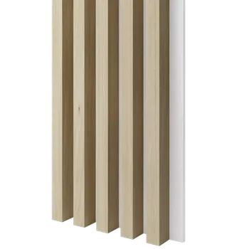 Obklad Lamele 3D Dřevěné lamely ŠIROKÉ na BÍLÉ desce (MDF), BĚLENÝ DUB, 46 x 300 x 2750 mm (0,825 m2)