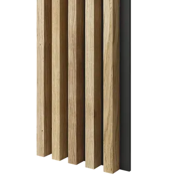 Obklad Lamele 3D Dřevěné lamely ŠIROKÉ na ČERNÉ desce (MDF), DUBOVÁ DÝHA, 46 x 300 x 2750 mm (0,825 m2)