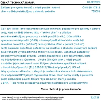ČSN EN 17818 - Zařízení pro výrobu biocidů v místě použití - Aktivní chlor vyráběný elektrolýzou z chloridu sodného - Tisk