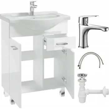 Koupelnový nábytek Koupelnová skříňka stojící s umyvadlem, baterií a sifonem 55cm bílý lesk