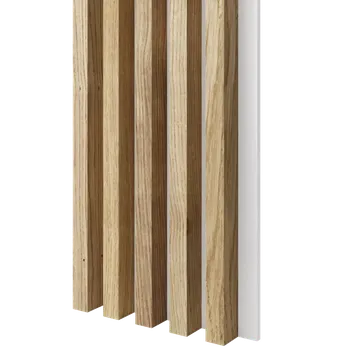 Obklad Lamele 3D Dřevěné lamely ŠIROKÉ na BÍLÉ desce (MDF), DUBOVÁ DÝHA, 46 x 300 x 2750 mm (0,825 m2)