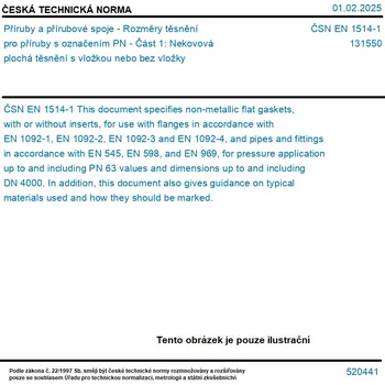 ČSN EN 1514-1 - Příruby a přírubové spoje - Rozměry těsnění pro příruby s označením PN - Část 1: Nekovová plochá těsnění s vložkou nebo bez vložky - Tisk