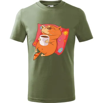 Dětská móda Dětské tričko Kočka se šálkem Velikost: 122/6 let, Barva trička: Khaki