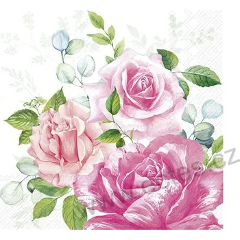 Papírový ubrousek IHR BEVERLY bílý papírový dekorační ubrousek na découpage bohaté rozkvetlé květy růžových růží