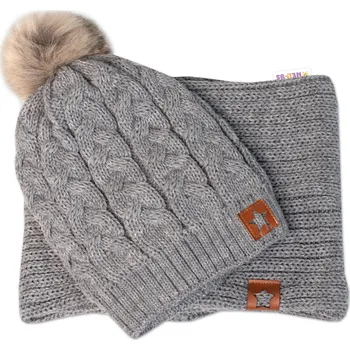 Čepice Baby Nellys Zimní dvouvrstvá čepice s bambulí + komínek Star, šedá