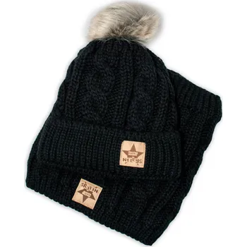 Čepice Baby Nellys Zimní pletená čepice s bambulí + komínek, černá vel. 104/116