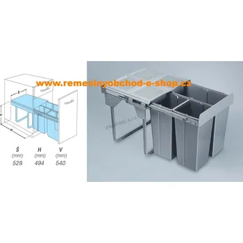 Odpadkový koš Výsuvný odp. 3koš K-60 Komfort + montážní set pro úchyt dvířek, 1×37 l + 2×14 l, (Varianta s volitelnými úchyty dvířek a šíře korpusu 60 cm)
