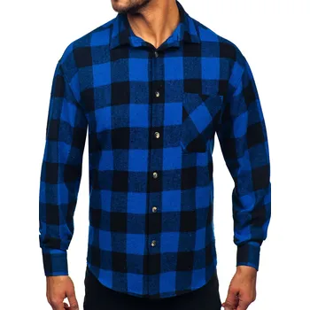 Pánská košile Tmavě modrá flanelová pánská kostkovaná košile s dlouhým rukávem Bolf 2025-1 - XL