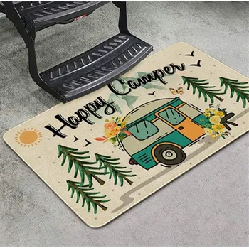 Příslušenství ke karavanu Rohožka barevná sametová s motivem karavanu - šedý lem 80x50cm