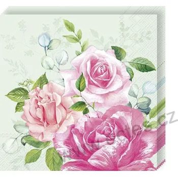 Papírový ubrousek IHR BEVERLY zelené papírové dezertní ubrousky bohaté rozkvetlé květy růžových růží 20 ks