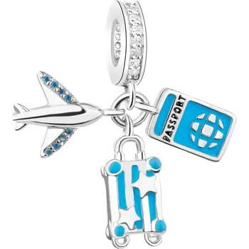 Přívěsek Stříbrný přívěsek Beads se zirkony a smaltem - letadlo, kufr, pas - AP539-9960