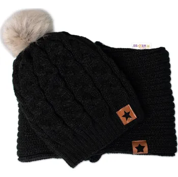 Čepice Baby Nellys Zimní dvouvrstvá čepice s bambulí + komínek Star, černá