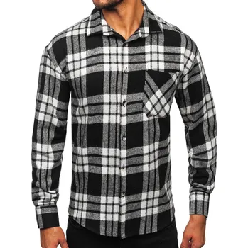 Pánská móda Bílo-černá pánská kostkovaná flanelová košile s dlouhým rukávem Bolf 2025-3 - L