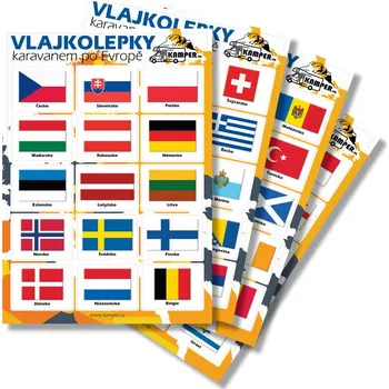 Příslušenství ke karavanu Cestovatelské vlajkové samolepky - státy a území Evropy a okolí 60ks, 4 listy A4