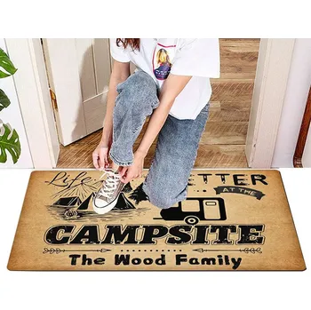 Příslušenství ke karavanu Rohožka rustikální sametová s motivem karavanu - šedý lem 80x50cm