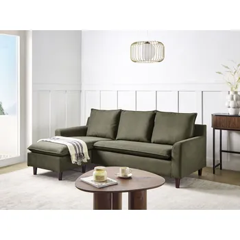 Pohovka Rohová pohovka tmavě zelená látka čalouněná tmavéi dřevěné nohy pravostranná s polštáři Beliani