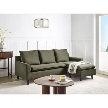 Pohovka Rohová pohovka tmavě zelená látka čalouněná tmavé dřevěné nohy levostranná s polštáři Beliani