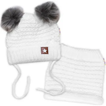 Čepice Baby Nellys Zimní pletená čepice Star s fleecem a chlupáčkové bambulky+komínek 2D sada, bílá