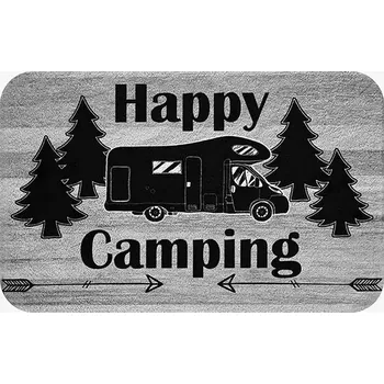 Příslušenství ke karavanu Rohožka šedá sametová s motivem karavanu - šedý lem 80x40cm