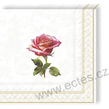 Papírový ubrousek IHR QUEEN OF ELEGANCE papírové dezertní ubrousky rozkvetlý květ červené růže a zlaté lemování 20 ks