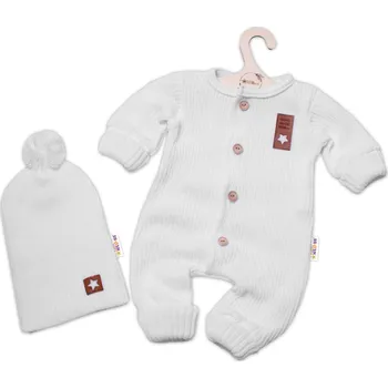Baby Nellys 2D Pletený overálek STAR + čepice Hand Made, bílá, vel. 80/86