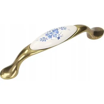 Nábytkové kování Porcelánová úchytka UP19, staré zlato, porcelán modrý květ, 96 mm
