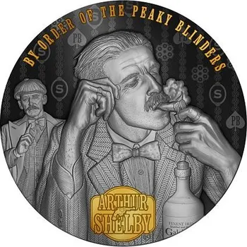 Stříbrná mince Arthur Shelby - Peaky Blinders (Gangy z Birminghamu) 2 Oz 2024 Gilded Ultra High Relief Antique Black PROOF