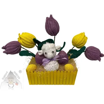 Velikonoční dekorace Dubový skřítek Velikonoční dekorace s háčkovanými tulipány a beránkem - žlutá